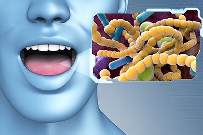 The image features a 3D rendering of a human mouth with a focus on dental health, accompanied by a microscopic view of bacteria, suggesting an educational context about oral hygiene and bacterial growth in the mouth.