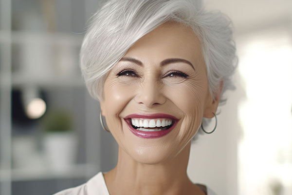 The image features a woman with short hair, smiling broadly, against a blurred background that suggests an indoor setting with natural light.